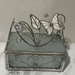 Frosted Glass And Metal Butterfly Trinket Box