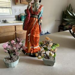 Antique Geisaha Doll With Glass Flower Pots