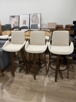 29.5" Bar Height Barstools Set of 3,Mid Century Modern Retro Bar Chairs Charcoal Beige Linen Look Fabric Upholstered and Walnut Wood Frame (Beige)