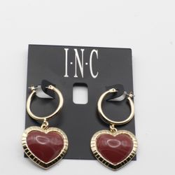 INC Gold-Tone Stone Heart Charm Hoop Earrings 