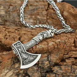 Mens Norse Viking Wolf Raven Axe Pendant Necklace Jewelry 