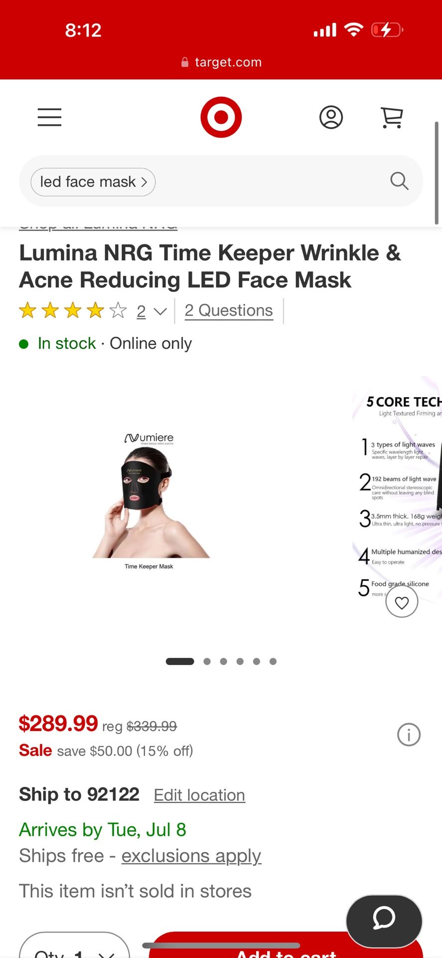 Lumina NRG Time Keeper Wrinkle & Acne Reducing LED Face Mask