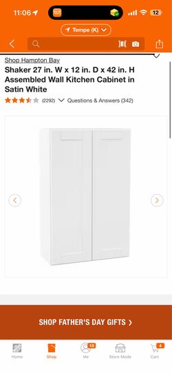 Hampton Bay. Shaker 27 in. W x 12 in. D x 42 in. H Assembled Wall Kitchen Cabinet in Satin White New $99