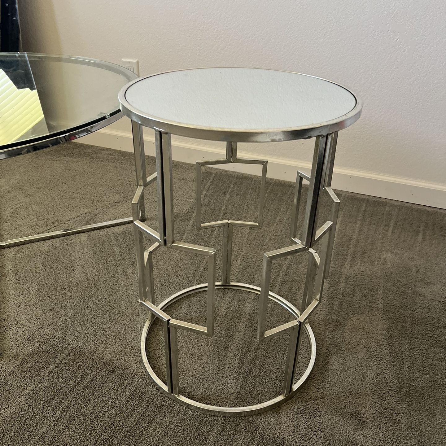Round Glass And Metal Mirror Top Side Accent Table 