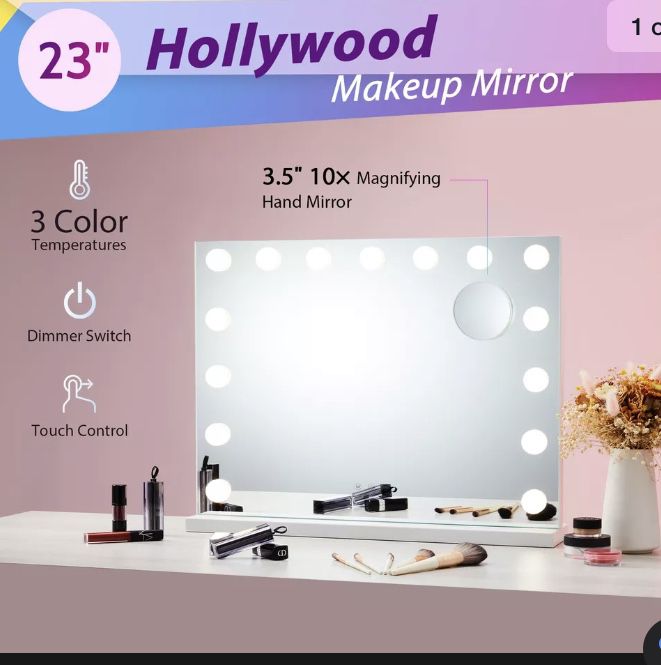 Large Frameless Hollywood Lighted Makeup Mirror w 15 Dimmable LED Vanity Lights 💖3 Color Temperatures💖Built-In Memory💖UL Certified free shipping