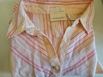 Chico's No-Iron 100% Linen 3/4 Sleeve Shirt featuring diagonal red, yellow, and white stripes. Size 2 (M-L)