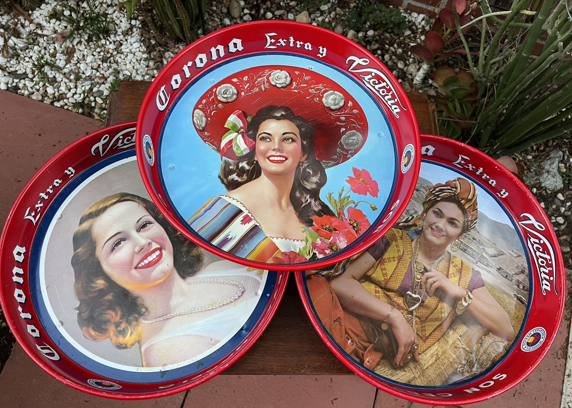 1960’s Vintage Corona Extra y Victoria Modelo Mexico Mexican Beer Cerveza Serving Trays (Set of 3) Antique Adelita Woman Maria Felix Frida Kahlo