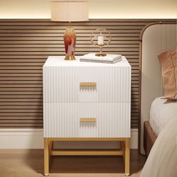 New 2-Drawer Nightstand, Modern Bedside End Table with Storage, white and gold