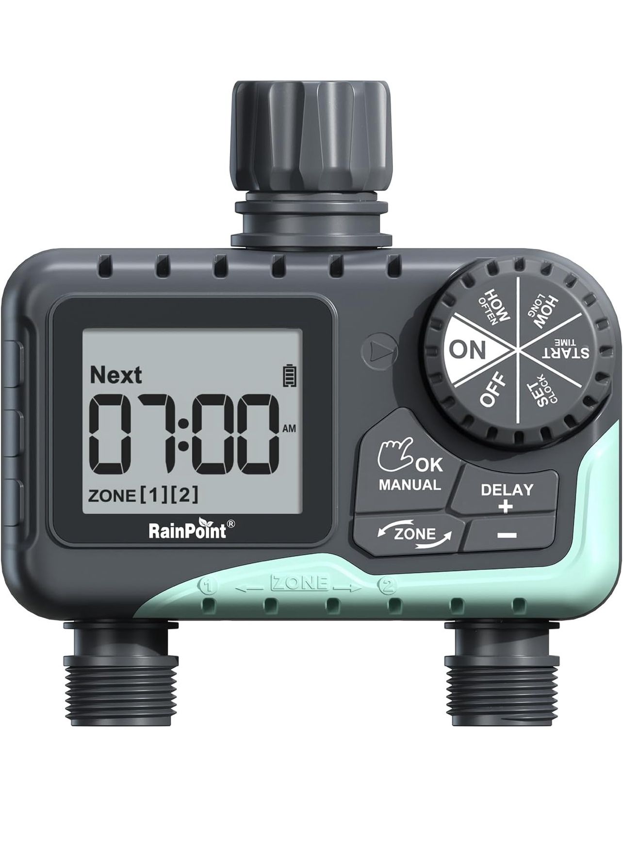 RAINPOINT Water Timer for Garden Hose - 2 Zone Sprinkler Timer with Rain Delay/Manual Watering/Automatic Irrigation for Yard Lawn