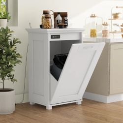 White Hidden Trash Can Cabinet With Ozone Deodorizer