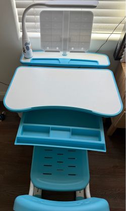 Kids Desk and Chair Set, Ergonomic Height Adjustable Kids Desk with Tiltable Desktop, LED Light & Pull-Out Drawer, Kids Drawing Table Study Desk for K