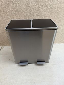 Arlopu 16 GallonStainless Steel Trash Can, 60L Dual Compartment, Metal Kitchen Step Recycle Bin, Metal Double Dustbin, in-Home Garbage Rubbish Can W/R