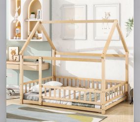NEW Natural Full Size Floor Wooden Bed with House Roof Frame