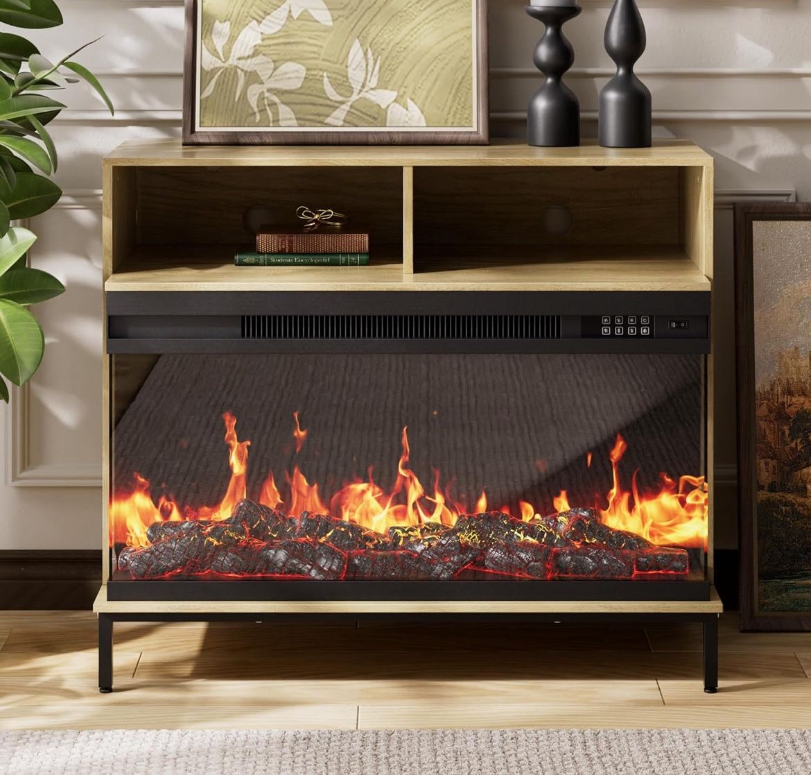 Fireplace Compatible TV Stand – Media Console with Storage Shelves