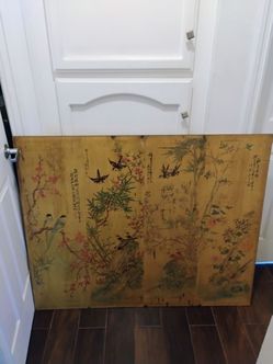 Antique Japanese Scrolls Of Birds on Tree Wooden Framed