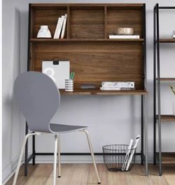 Project 62 Loring Secretary Desk Walnut Finish Black Metal Frame Flip Down Desktop Storage Cubbies