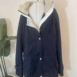 Weather Tamer vintage women's navy full-zip & snap hooded rain coat wind medium