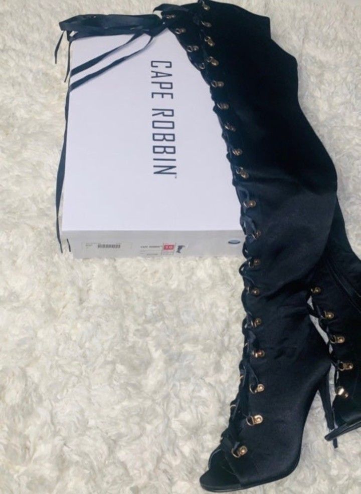 New tall thigh high / over the knee black peep toe heeled boots by Cape Robbin