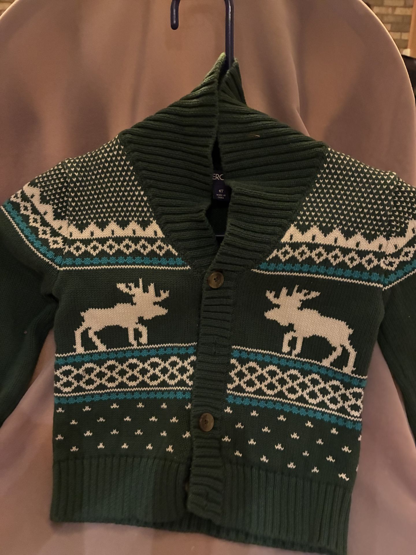 Green cardigan with moose pattern and button closure and pants Sweater size 4 pants size 3