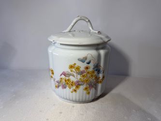 Antique Porcelain Floral Lidded Preserve Jar Hand Painted Gold Trim Vintage