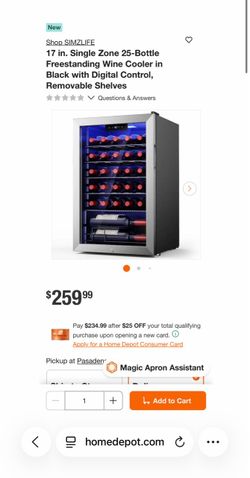 17 in. Single Zone 25-Bottle Freestanding Wine Cooler in Black with Digital Control, Removable Shelves