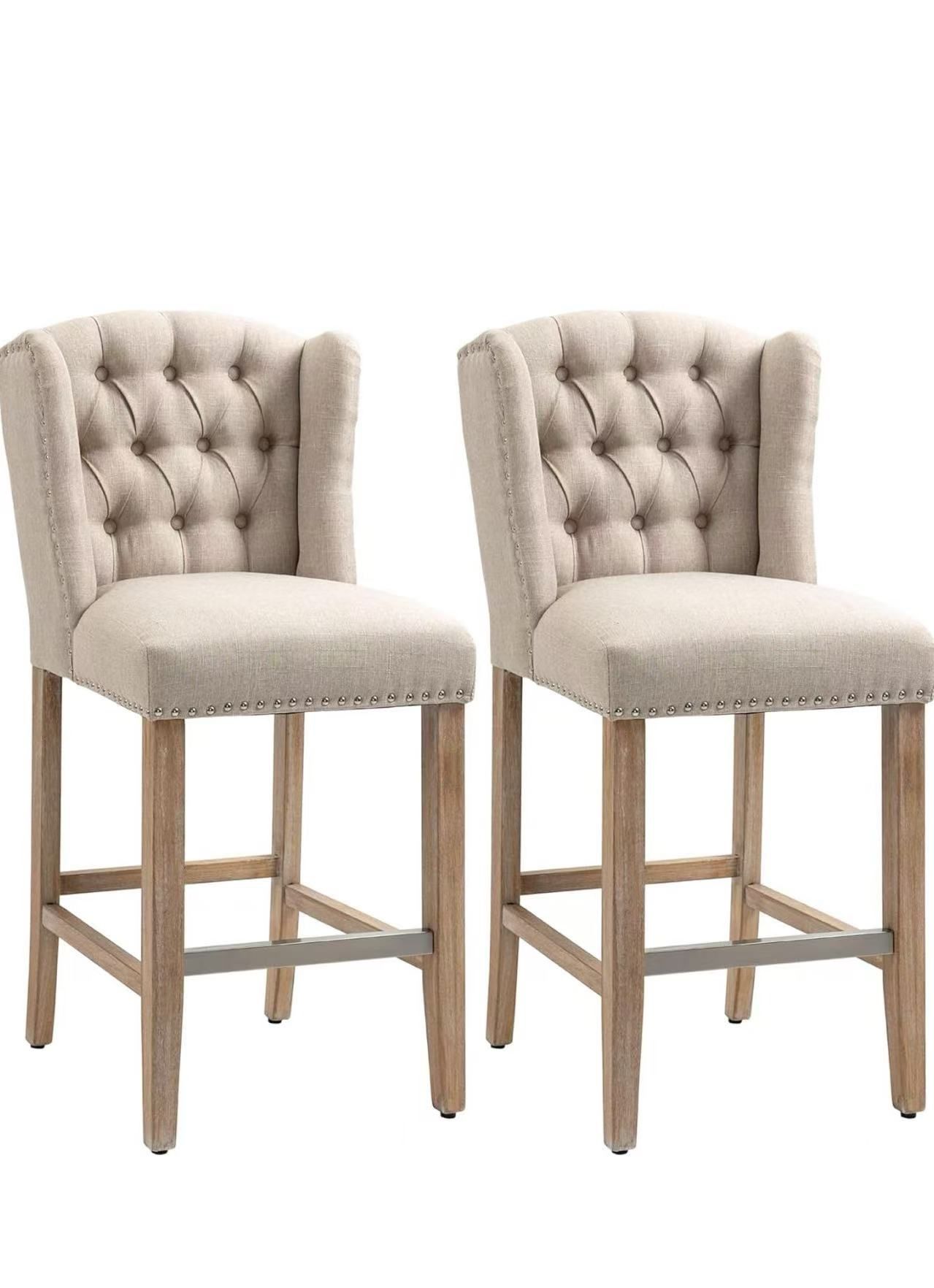 Counter Height Bar Stools Set of 2, 27" Seat Height Upholstered Barstools, Farmhouse Kitchen Island Stools with Nailhead-Trim, Tufted Back and Wooden