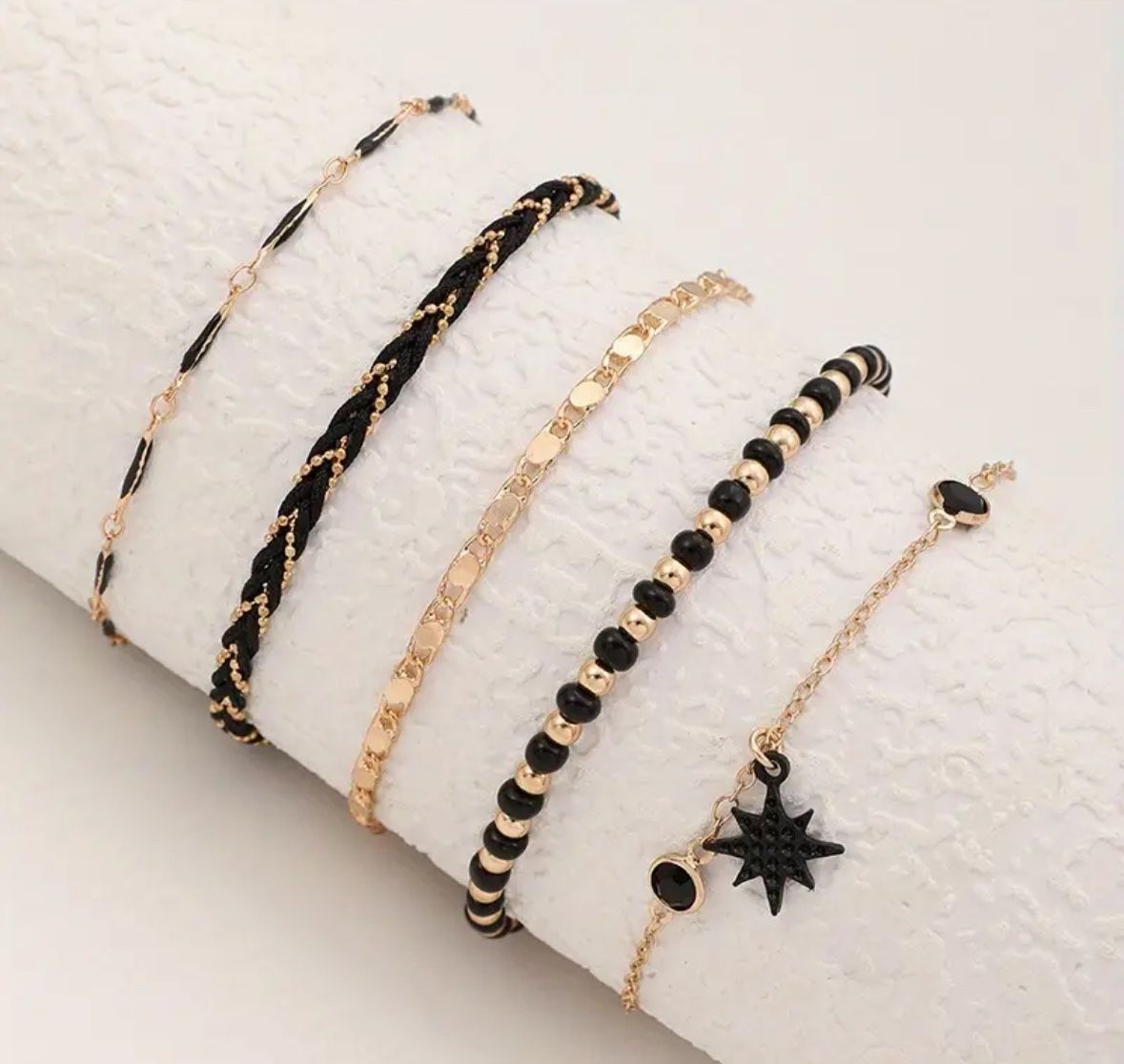 Black Star Shape Pendant Beaded Braided Anklet Set 5pcs Boho Style Ankle/ Bracelet For Women