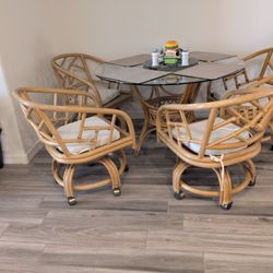 Beautiful Bamboo Heavy Dining Set With Glass Top And Rolling Chairs 