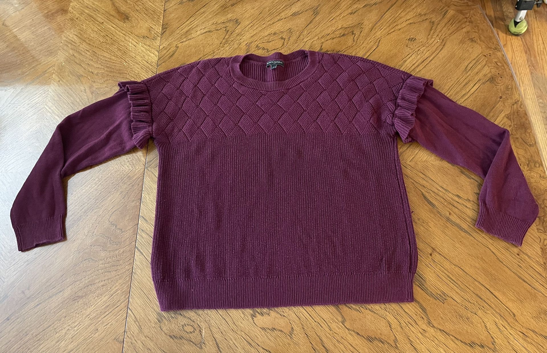 Banana Republic Women’s Burgundy Colored Long Sleeve Sweater with Ruffles - Large