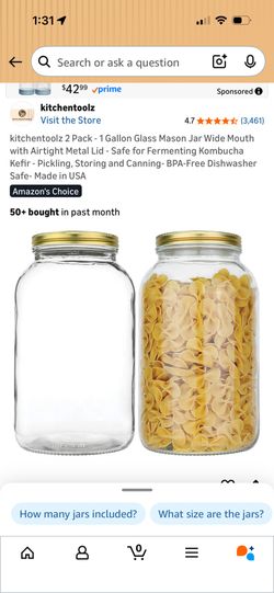 Kitchentoolz 1 Gallon Glass Mason jars 2 Pack