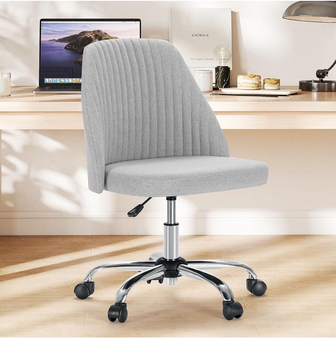 Armless Office Chair, Modern Fabric Home Office Desk Chairs with Wheels Adjustable Swivel Task Computer Vanity Seat