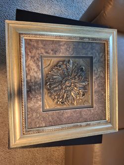 Wall Art 16 X 16 vintage-style 3D resin floral piece in a rustic gold frame
