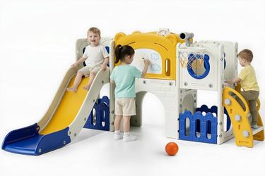 10-in-1 Large Toddler Slide Set, Kids Slide Climber Playset with Drawing Board, Basketball Hoop, Sturdy Baby Playground, Indoor Outdoor Playhouse for 