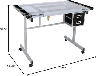 Glass Top Drafting Table with Drawers and Wheels