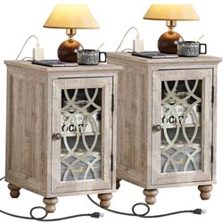 New in box Narrow Side Table with Charging Station Set of 2, Night Stand with Glass Door,Bedside End Tables with Adjustable Shelf Storage Cabinet,Wood