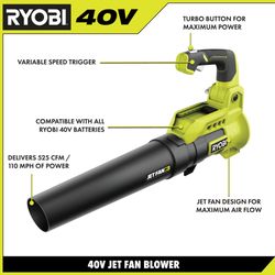 Ryobi 40V Blower & 40V Battery Included - Jet Fan Technologies