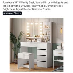 Furniouse 37" W Vanity Desk, Vanity Mirror with Lights and Table Set with 5 Drawers, Vanity Set 3 Lighting Modes Brightness Adjustable for Bedroom Stu