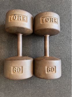 60 pound pair of vintage York dumbbells