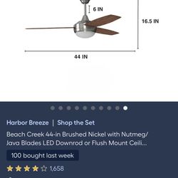 Harbor Breeze Fan.  NEW IN BOX Beach Creek 44-in Brushed Nickel with Nutmeg/ Java Blades LED Downrod or Flush Mount Ceili...