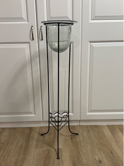 Tall Steel Plant Stand w/Crackled Glass Vase Bowl
