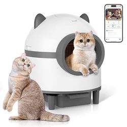 Self Cleaning Cat Litter Box, Large Capacity Automatic Litter Box, App Control, Suitable For Multiple Cats, White & Grey
