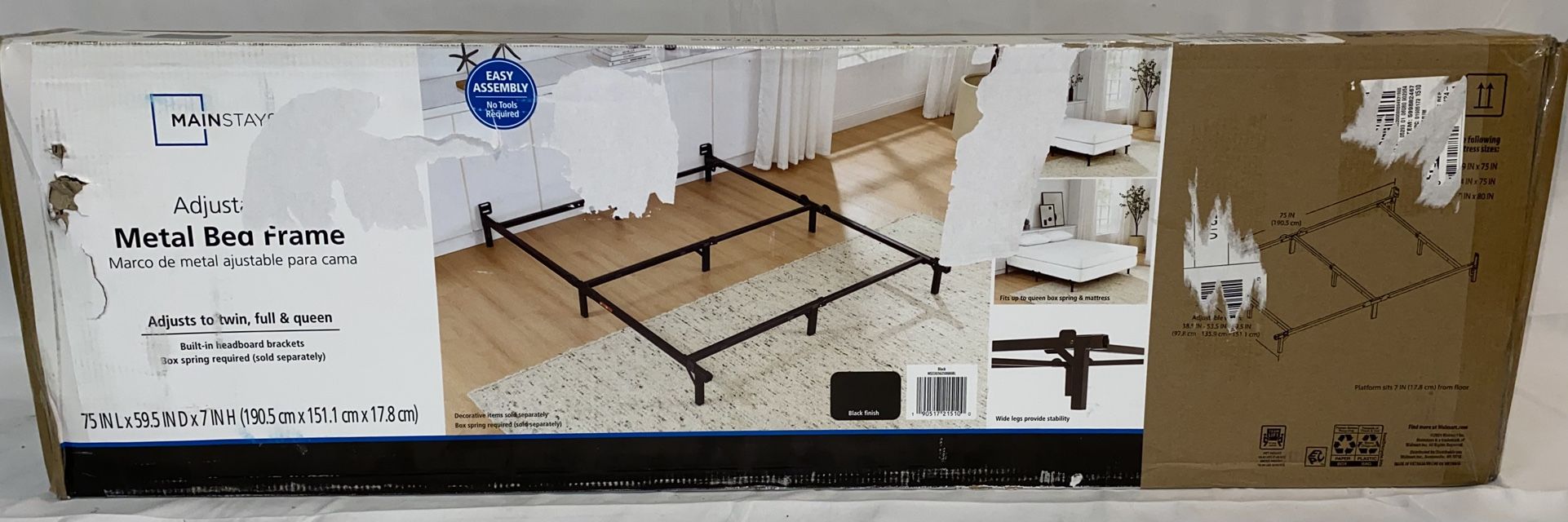 Mainstays 7" Twin/Full/Queen Size Adjustable Metal Bed Frame, Black