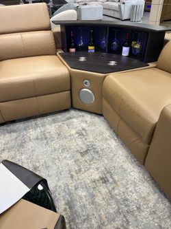 Modern power reclining Sectional w/Lifting wine cabinet+ Fridge + LED lights+ Bluetooth speaker & more