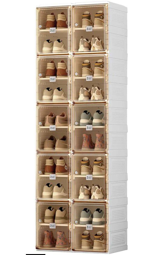 ANTBOX Shoe Organizer Storage Box, Portable Folding Shoe Rack for Closet with Magnetic Clear Door,Large Sneaker Cabinet Bins Sturdy Easy Assembly 10 L