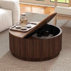 31.5" Round Coffee Table with Storage, Mid Century Modern Coffee Tables with Fluted Base, Wooden Circle Accent Center Table for Living Room Small Spac