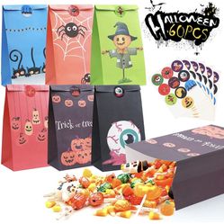 60 PCS Halloween Treat Bags, 6 Assorted Designs Paper Trick or Treat Candy Bags Goodie Bags for Kids, 8.7"x4.7"x3.2" Larger Candy Gift Bags with Stick