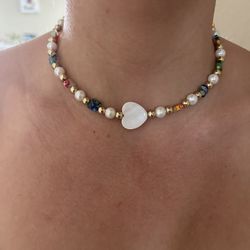 Mixed Necklace With Pearls, Nácar Heart And Glass Beads 