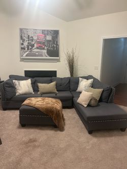 Sectional, picture and 3 bar stools