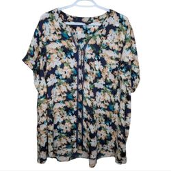 Simply Vera Vera Wang 3X Plus Size Button Down Short Sleeve Floral Print Blouse