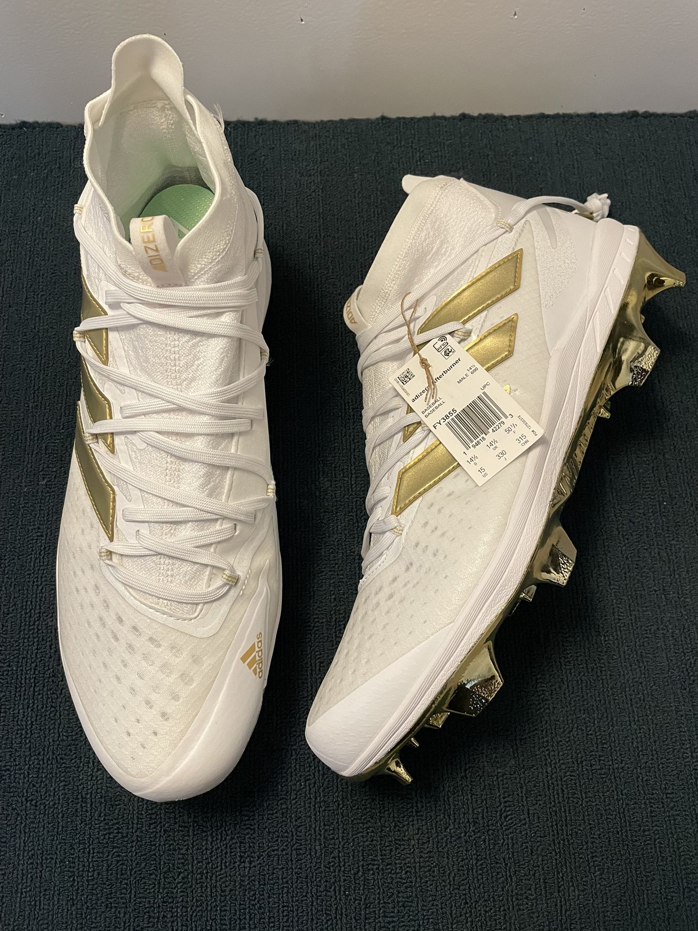 Adidas Adizero Afterburner 8 White/Gold Baseball Cleats Size 15